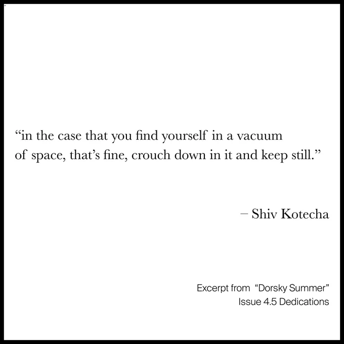 The post has a white background and is framed by a black border. Black text reads:
"in the case that you find yourself in a vacuum 
of space, that's fine, crouch down in it and keep still."
– Shiv Kotecha
Excerpt from "Dorsky Summer" Issue 4.5 Dedications