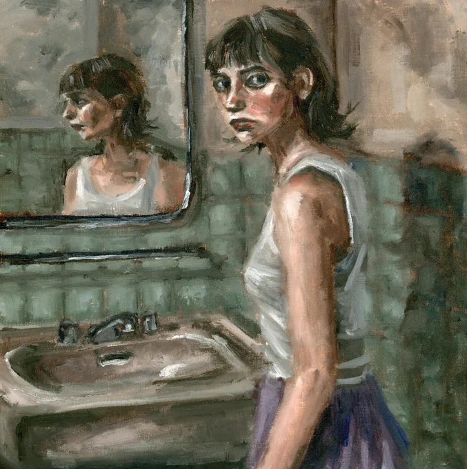 Oil painting of a woman by a sink with her reflection in the mirror. Original art by Jon Amdall.