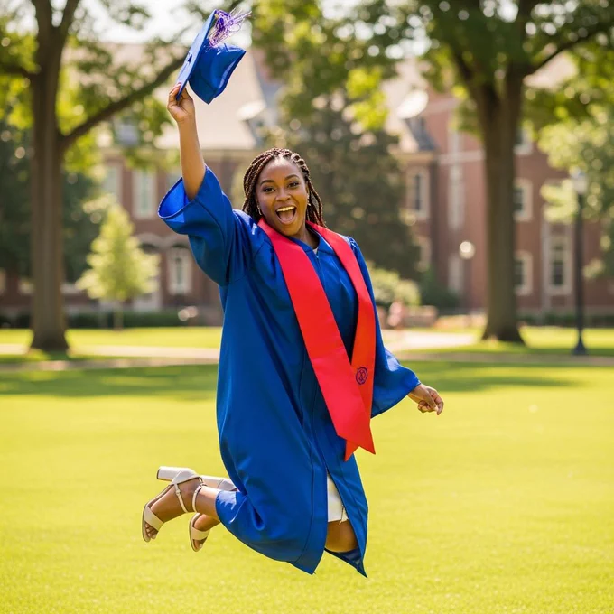 A dark-skinned female graduate with braided hair, mid-jump in celebration. She wears a royal-blue graduation gown with a red sash, holding her cap in the air. Lush green campus lawn behind her, sunny afternoon light, candid expression full of joy.