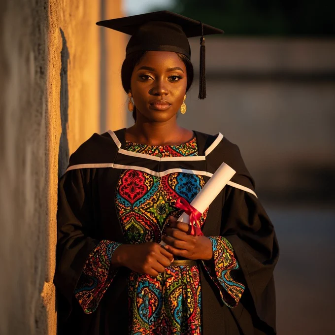 An African female graduate with rich ebony skin wearing a patterned Ankara gown under her graduation robe. She stands beside a rustic wall, hands folded proudly over her scroll. Warm golden-hour sunlight enhances her cultural attire, with subtle background blur.