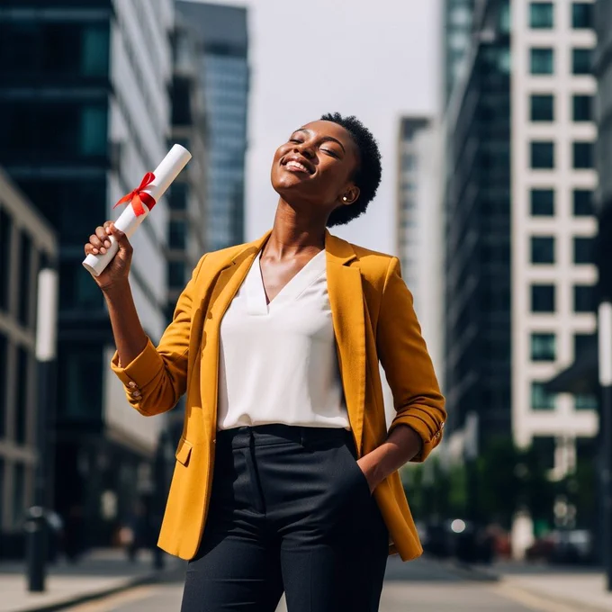 A young African woman with deep brown skin and short natural curls, standing on a modern city street holding her degree scroll. She wears a mustard-yellow blazer over a white blouse and black trousers. Confident pose with one hand in her pocket. Bright daylight, urban background with tall buildings, soft shadow lighting.
