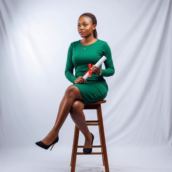 A young African  woman of medium-brown skin tone sitting gracefully on a stool in a photography studio. She wears a fitted emerald-green dress and black heels, holding her certificate across her lap. Soft white backdrop, gentle key lighting highlighting her face, calm and composed expression.