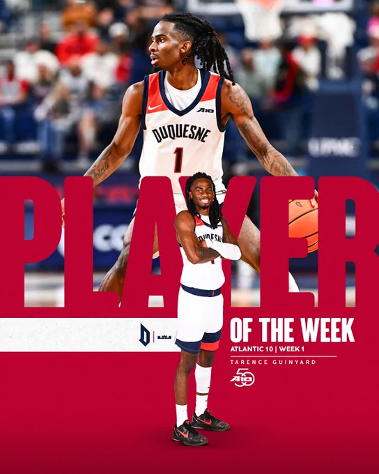 Graphic featuring Duquesne men’s basketball player Tarence Guinyard in uniform. The design highlights him dribbling in action and posing with arms crossed in front. Large red text reads “PLAYER OF THE WEEK” with subtext “Atlantic 10 | Week 1” and “Tarence Guiynard.”