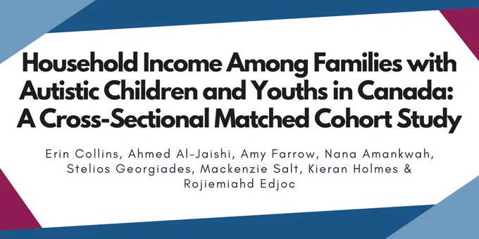 The study title reads, "Household income among families with Autistic children and youths in Canada: a cross-sectional matched cohort study". The study authors include Erin Collins, Ahmed Al-Jaishi, Amy Farrow, Nana Amankwah, Stelios Georgiades, Mackenzie Salt, Kieran Holmes, and Rojiemiahd Edjoc.
