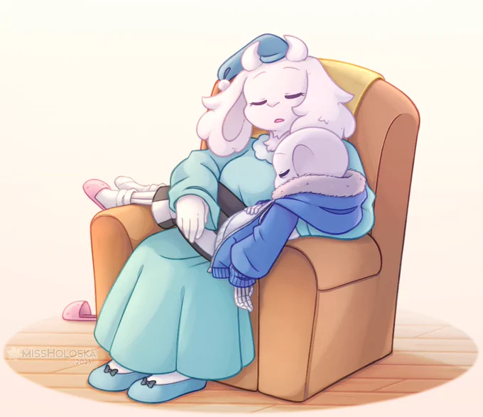 Fanart of Toriel and Sans from Undertale. Toriel is sitting on her living room chair wearing her pajamas from Deltarune, fast asleep with her arms around Sans, who is also asleep and laying sideways across the chair in her lap. Behind the chair, one of Sans' slippers has fallen to the floor.