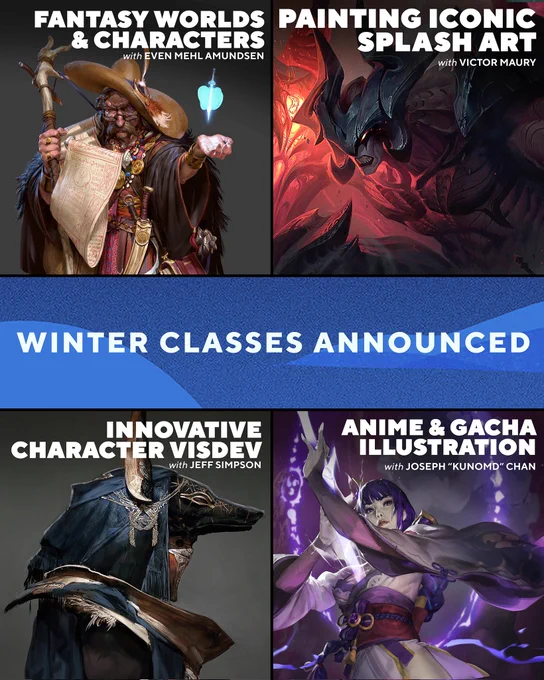 Poster for Fantasy Worlds & Characters with Even Mehl Amundsen, Painting Iconic Splash Art with Victor Maury, Innovative Character Design with Jeff Simpson, and Anime & Gacha Illustration with Joseph KunoMD Chan