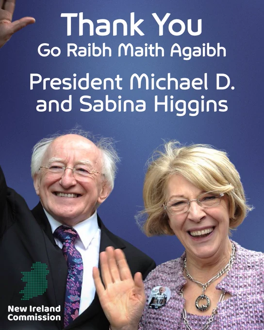 Image of President Michael D. Higgins and Sabina Higgins. 

Text above reads:

Thank You
Go raibh maith agaibh 

President Michael D. Higgins and Sabina Higgins