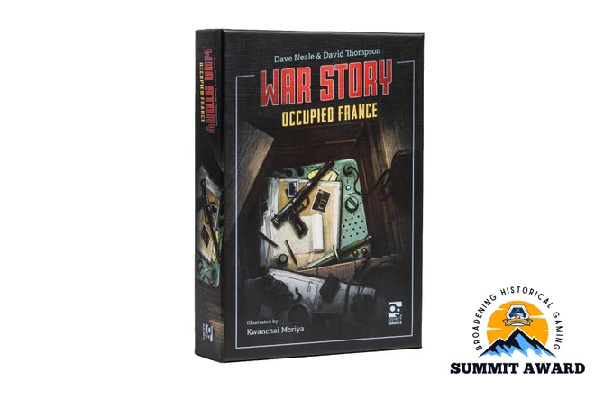 A photo of the box for the board game War Story: Occupied France, alongside the crest for the San Diego Historical Games Convention Summit Award. The cover art depicts an uncovered secret stash of espionage equipment under a floorboard, including a silenced pistol, a combat knife, a folder of documents, and a radio.