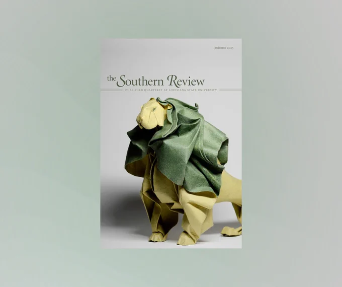 Cover of the Autumn 2025 issue of The Southern Review, featuring an intricate origami lion crafted from green and tan paper against a soft gray background. The magazine title and issue details appear above the artwork in elegant serif type.