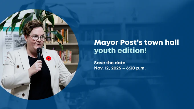 A picture of a person speaking and holding a microphone. A blue overlay covers the right half of the picture and has the following words on it: "Mayor Post's town hall: youth edition!"