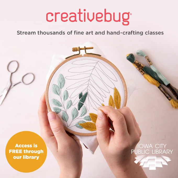 Creativebug. Stream thousands of fine art and hand-crafting classes. Access i FREE through our library. Iowa City Public Library.