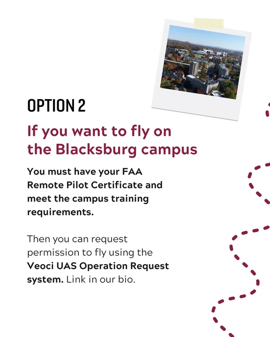Option two. If you want to fly on the Blacksburg campus you must have your FAA Remote Pilot Certificate and meet the campus training requirements. Then you can request permission using the Veoci UAS Operation Request system. Go to https://veoci.com/v/p/w/ju4a8y6hmpua?c=52211