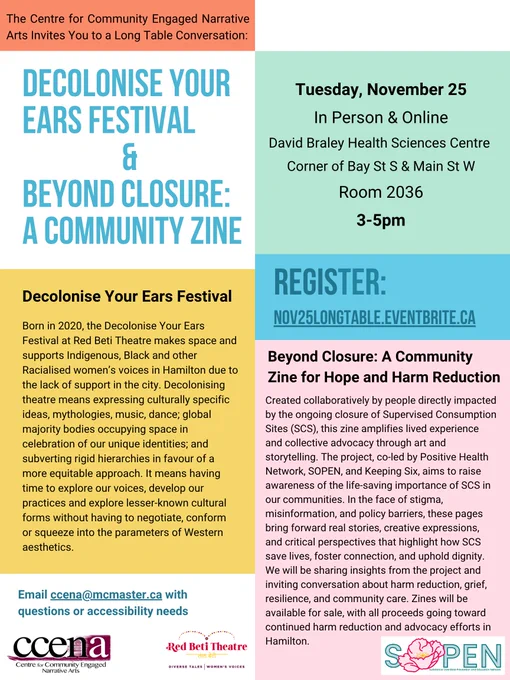 The Centre for Community Engaged Narrative Arts Invites You to a Long Table Conversation: Decolonise your ears festival and Beyond Closure: a community zine. 
Tuesday, November 25
In Person & Online
David Braley Health Sciences Centre 
Corner of Bay St S & Main St W
Room 2036
3-5pm
Email ccena@mcmaster.ca with questions or accessibility needs

