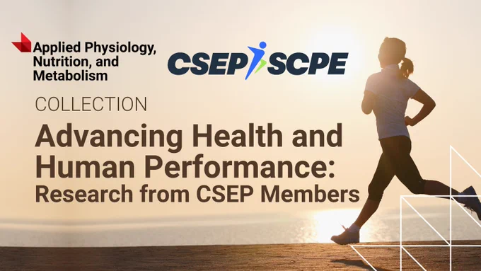 Silhouette of a person jogging by the water at sunrise with text about advancing health and human performance research from CSEP members.