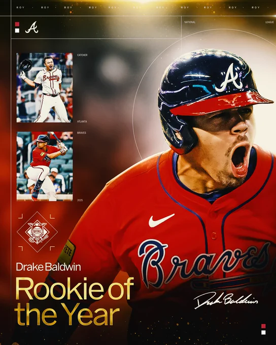 Drake Baldwin: National League Rookie of the Year
Atlanta Braves
Pictured: Top left, Drake Baldwin celebrates a walk-off hit in a white Atlanta Braves uniform. Bottom left, Baldwin prepares to swing his bat in a red Braves uniform. Right, a large cutout of Baldwin screaming in a red Braves uniform. In the bottom right corner is Drake Baldwin’s signature in white.