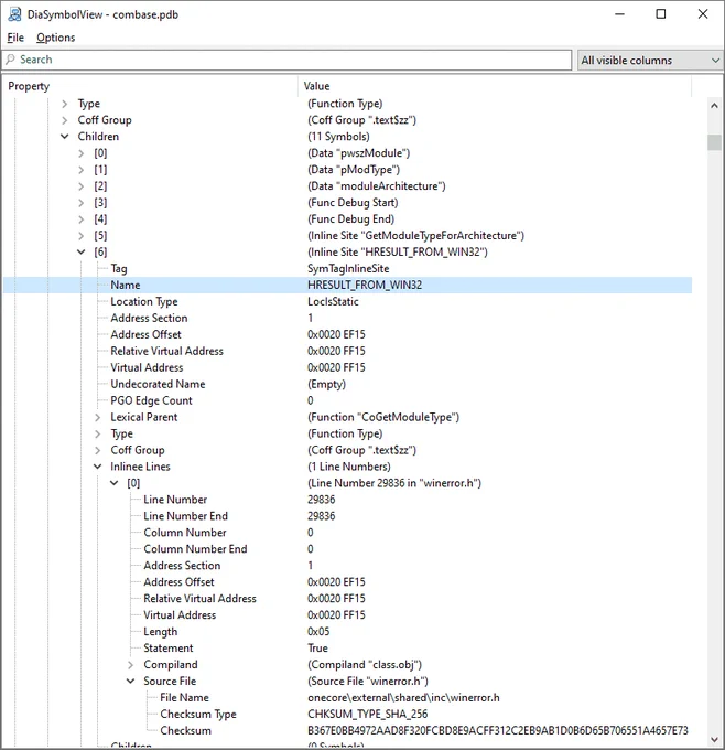 A screenshot of DiaSymbolView inspecting combase.pdb