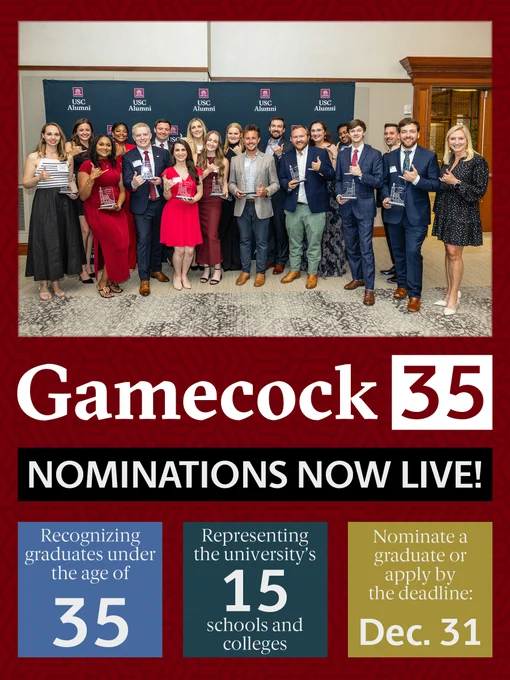 Group of professionals holding certificates standing in front of a University of South Carolina banner promoting the Gamecock 35 event, recognizing outstanding graduates under the age of 35 from 15 schools and colleges. Nomination deadline is December 31.