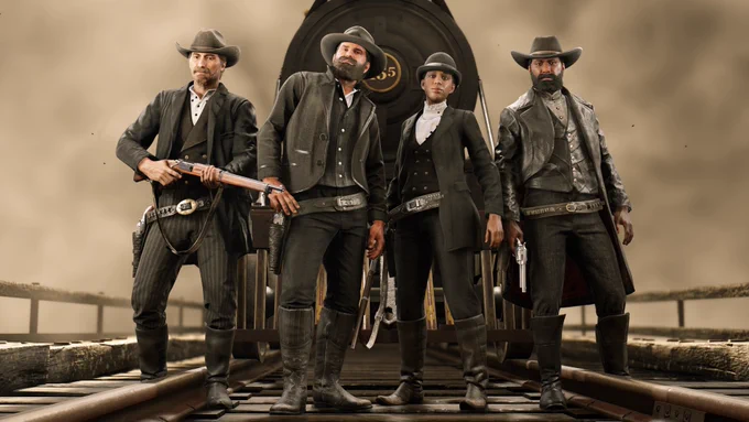 A group shot of four Red Dead Online characters in front of a train on railroad tracks. 