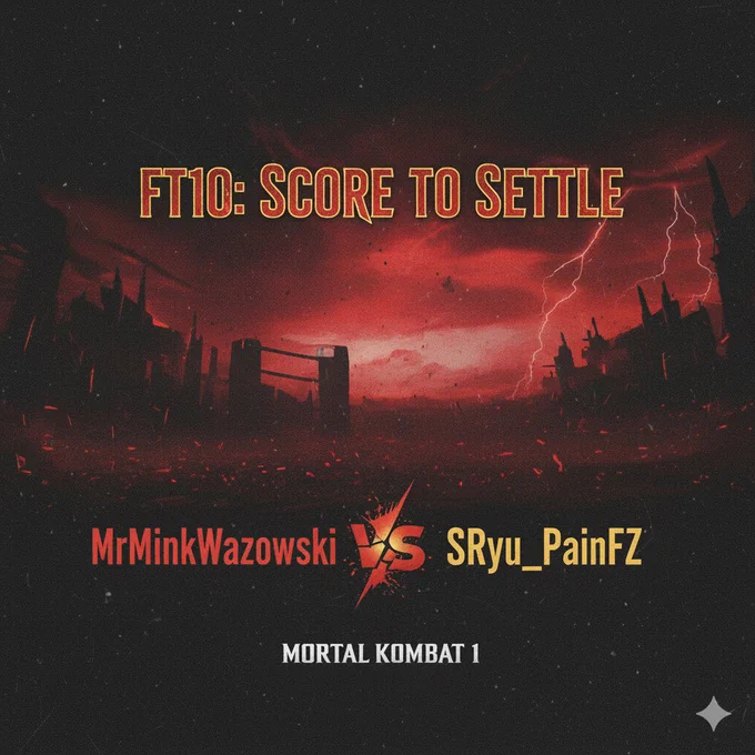 A dark red and black promotional poster for a Mortal Kombat 1 match. The background shows a destroyed city with lightning and smoke under a blood-red sky. At the top, bold yellow text reads “FT10: SCORE TO SETTLE.” Below it, the names MrMinkWazowski and SRyu_PainFZ face each other with a fiery “VS” symbol between them. At the bottom, white text says “MORTAL KOMBAT 1.” The overall design has an intense, battle-ready atmosphere.