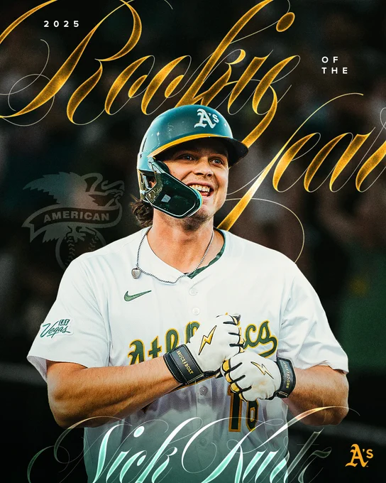A green and gold graphic announcing Nick Kurtz as AL Rookie of the Year for 2025 with an image of Nick Kurtz in the background. 