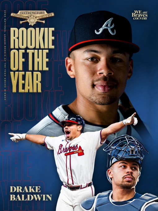Drake poses with his bat in one image, celebrates rounding the bases in another, and poses with his catcher's mask lifted against a navy background. Gold text reads "Rookie of the Year."