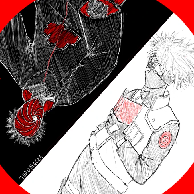 Adult Hatake Kakashi and Uchiha Obito from Naruto in a black and white circle.