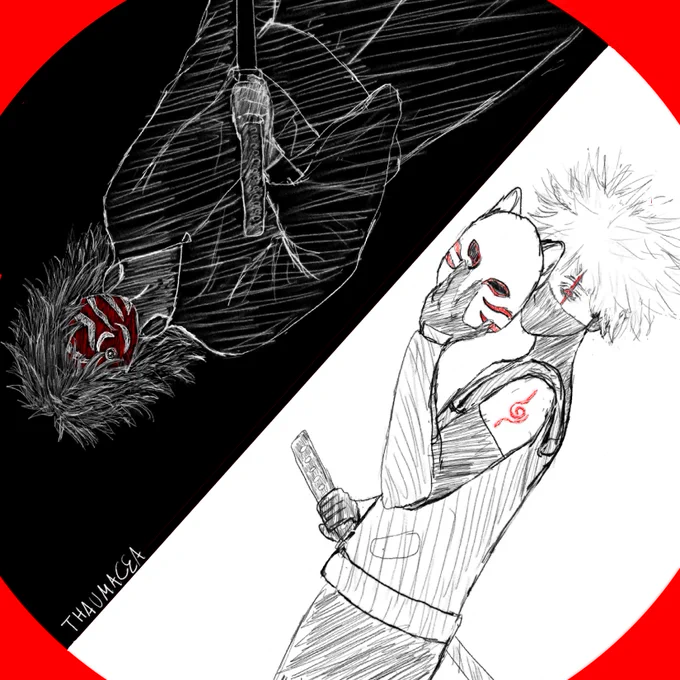 Teenaged Hatake Kakashi and Uchiha Obito from Naruto in a black and white circle.