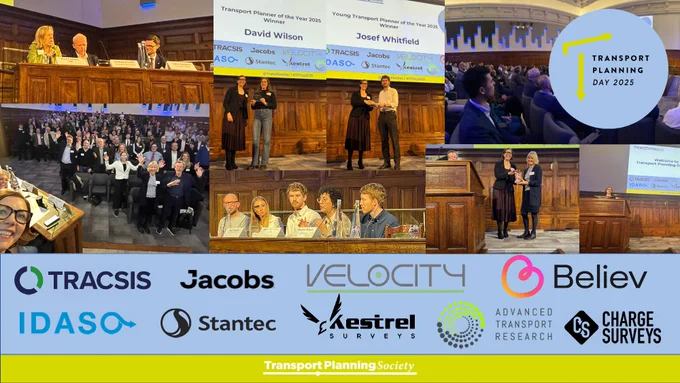 A montage of photos from Transport Planning Day 2025. Transport Planning Day 2025 logo. Logos for sponsor organisations - Tracsis, Jacobs, Velocity, Believ, IDASO, Stantec, Kestrel Surveys, Advanced Transport Research, Charge Surveys