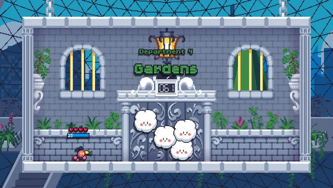 Pixel art game set in a stone elevator with ornate gates, potted plants. In the background, a modern glass dome towers in front of a blue city background. A small ant-like character stands on the left, facing multiple cute cloud-like enemies.
