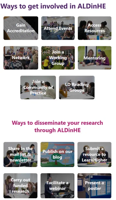 screenshot of the ALDinHE website showing ways to get involved and ways to disseminate your scholarship and research.
