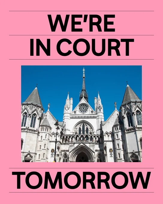Graphic with the words “We’re in court tomorrow” around a picture of the Royal Courts of Justice