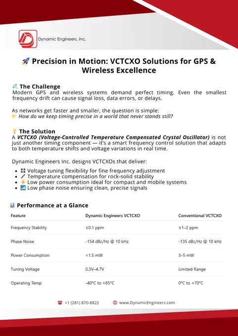 An infographic titled “Precision in Motion: VCTCXO Solutions for GPS & Wireless Excellence” by Dynamic Engineers, Inc. It explains the challenges of maintaining precise timing in modern wireless systems and how their VCTCXO technology provides superior stability, low power consumption, and reliable signal performance compared to conventional solutions.