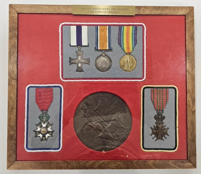 
Lt Albert Richmond Hunter WW1 awards. 
Trio. L-R: Military Cross, 
Military Cross (awarded posthumously 3/6/19), British War Medal, Allied Victory Medal. 
French Légion d'honneur, 5th class (Knight) bottom left
Death Penny (centre)
Belgian Croix de Guerre (bottom right) awarded posthumously on 4/9/19