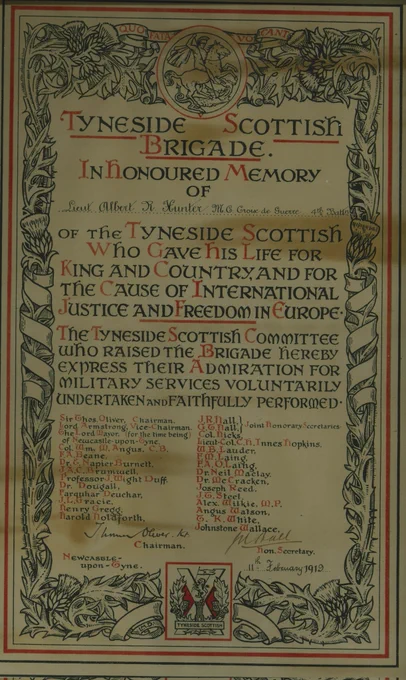 Lt Albert Richmond Hunter's certificate from the Tyneside Scottish Brigade commemorating his death on 11th February  1919. 