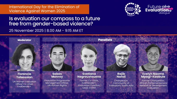 Event poster for the Future of Evaluation dialogue on the International Day for the Elimination of Violence Against Women. The text reads, "Is evaluation our compass to a future free from gender-based violence (GBV)?"
