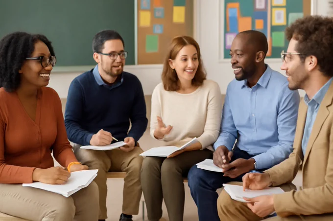 A group of diverse teachers sitting in a circle, discussing and sharing ideas
