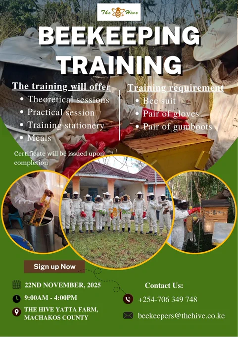 Join us for a Beekeeping Training in Yatta, Machakos County, on Saturday, November 22, 2025. Learn how to start and manage your apiary, explore bee behavior, and gain practical tips on harvesting honey and other bee products.

Reserve your spot today at ‪ 254 706 349 748‬ / ‪ 254 724 160 917‬, email us at beekeepers@thehive.co.ke 


#dontmissout 
#beekeepingtraining #training #learn #honeyharvesting #apiary #beekeeper, #apiary, #beehive #honey  #bees #savethebees #honeybees #beekeeperslife #apiculture #beekeeping101 #MachakosCounty #nairobi 