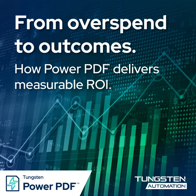 Bar and line graphs illustrating financial data with text about Power PDF delivering measurable ROI and reducing overspend.