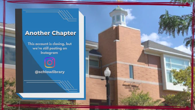 Schlow Library building and a book with Instagram information.