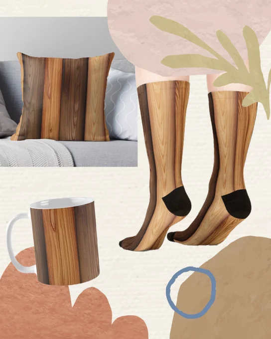 Image showing a watercolor woodgrain design printed on different products including a pillow, a mug and a pair of socks. The pattern features various brown tones that resemble natural wooden planks and highlight the soft flow of watercolor textures.