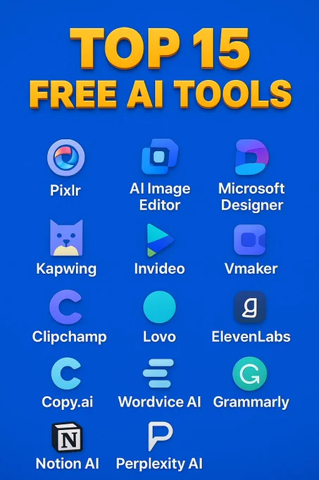Banner showcasing 15 free AI tools for 2025, organized by category: Image Editing – Pixlr, AI Image Editor, Microsoft Designer; Video Editing – Kapwing, Invideo, Vmaker; Text-to-Voice & Narration – Clipchamp, Lovo, ElevenLabs; Content Writing – Copy.ai, Wordvice AI, Grammarly; Student Essentials – Notion AI, Perplexity AI, Grammarly. Icons of each tool displayed alongside their names, highlighting tools for creating images, videos, voiceovers, writing, and productivity.