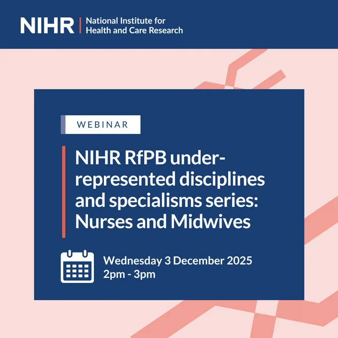 A promotional graphic for a webinar organized by the National Institute for Health and Care Research (NIHR). The webinar is titled "NIHR RfPB under-represented disciplines and specialisms series: Nurses and Midwives" and is scheduled for Wednesday, December 3, 2025, from 2 pm to 3 pm. The design features a navy blue background with light pink accents and an icon of a calendar.