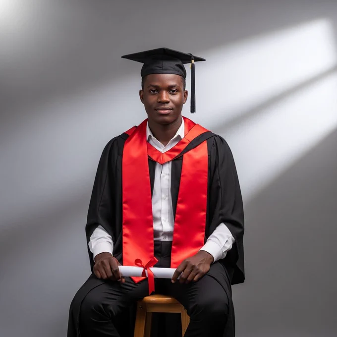 A young African man with rich ebony skin tone sits upright on a wooden stool in a well-lit photography studio. He wears a crisp white shirt under a black graduation gown with a red satin stole draped over his shoulders. His graduation cap rests neatly on his head, slightly tilted. He holds his rolled certificate tied with a ribbon across his lap. Behind him is a neutral gray backdrop with soft diffused lighting creating a clean, professional look. A faint vignette adds focus to his face and attire. His posture is confident yet calm, with a hint of pride in his smile — the clear aura of a new graduate ready to step into the world.
