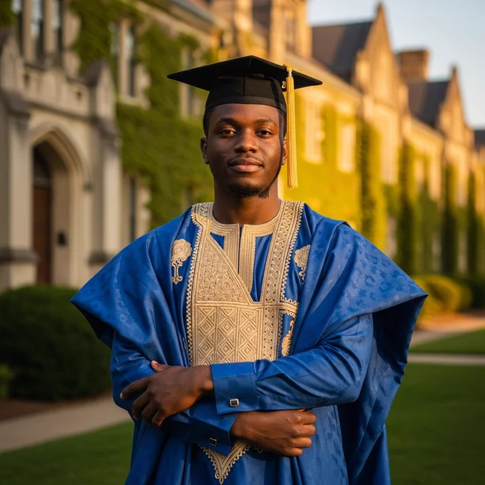 A dark-skinned man in a traditional agbada with embroidery detail, wearing a graduation cap over it. Standing outdoors with a calm expression, arms folded. Background of old campus buildings, warm late-afternoon lighting giving a proud, cultural tone.