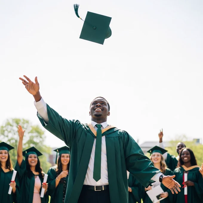 African male graduate with deep chocolate skin, captured mid-action as he throws his cap high in the air. He wears a dark-green gown and tie, surrounded by cheering friends blurred in the background. Vibrant daylight, joyful mood, full-body shot.