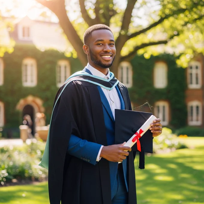 A young African man with deep brown skin and a clean haircut, standing tall on a university campus. He wears a navy-blue suit under a black graduation gown, holding his cap in one hand and his degree scroll in the other. Bright sunlight, confident smile, lush greenery in the background.