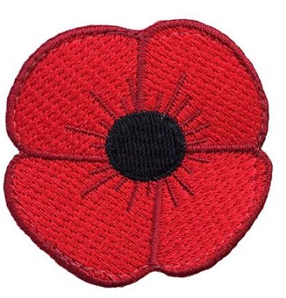 A red poppy of remembrance for the sacrifices of veterans and fallen soldiers.