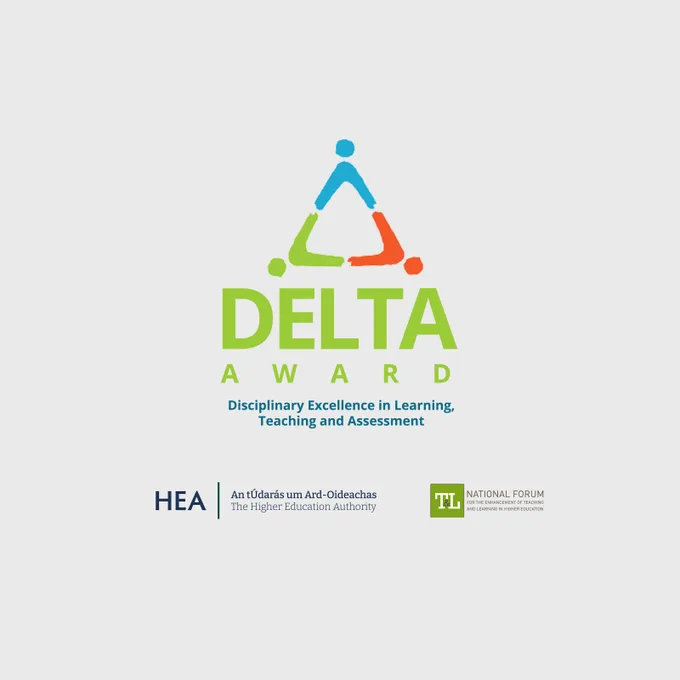 DELTA Award logo featuring a triangular design. Below the triangle, the text reads ‘DELTA Award – Disciplinary Excellence in Learning, Teaching and Assessment.’ Logos of the Higher Education Authority (HEA) and the National Forum for the Enhancement of Teaching and Learning in Higher Education appear underneath.