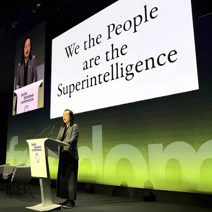 Audrey Tang, Taiwan’s cyber ambassador, first digital minister, architect of the Taiwan Model for digital diplomacy and 2025 Right Livelihood Award laureate, delivers her “We the People are the Superintelligence” address at the Berlin Freedom Conference.