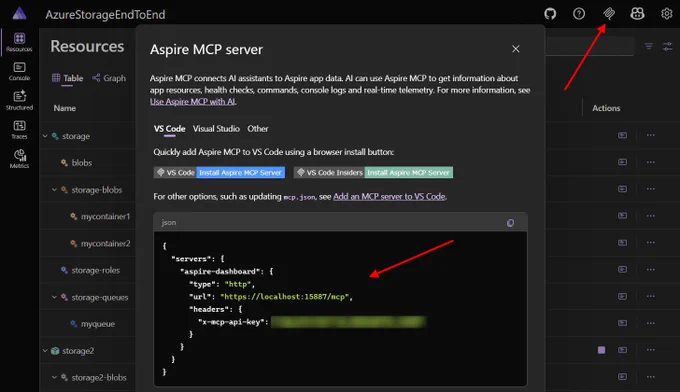 Screenshot of Aspire MCP dialog